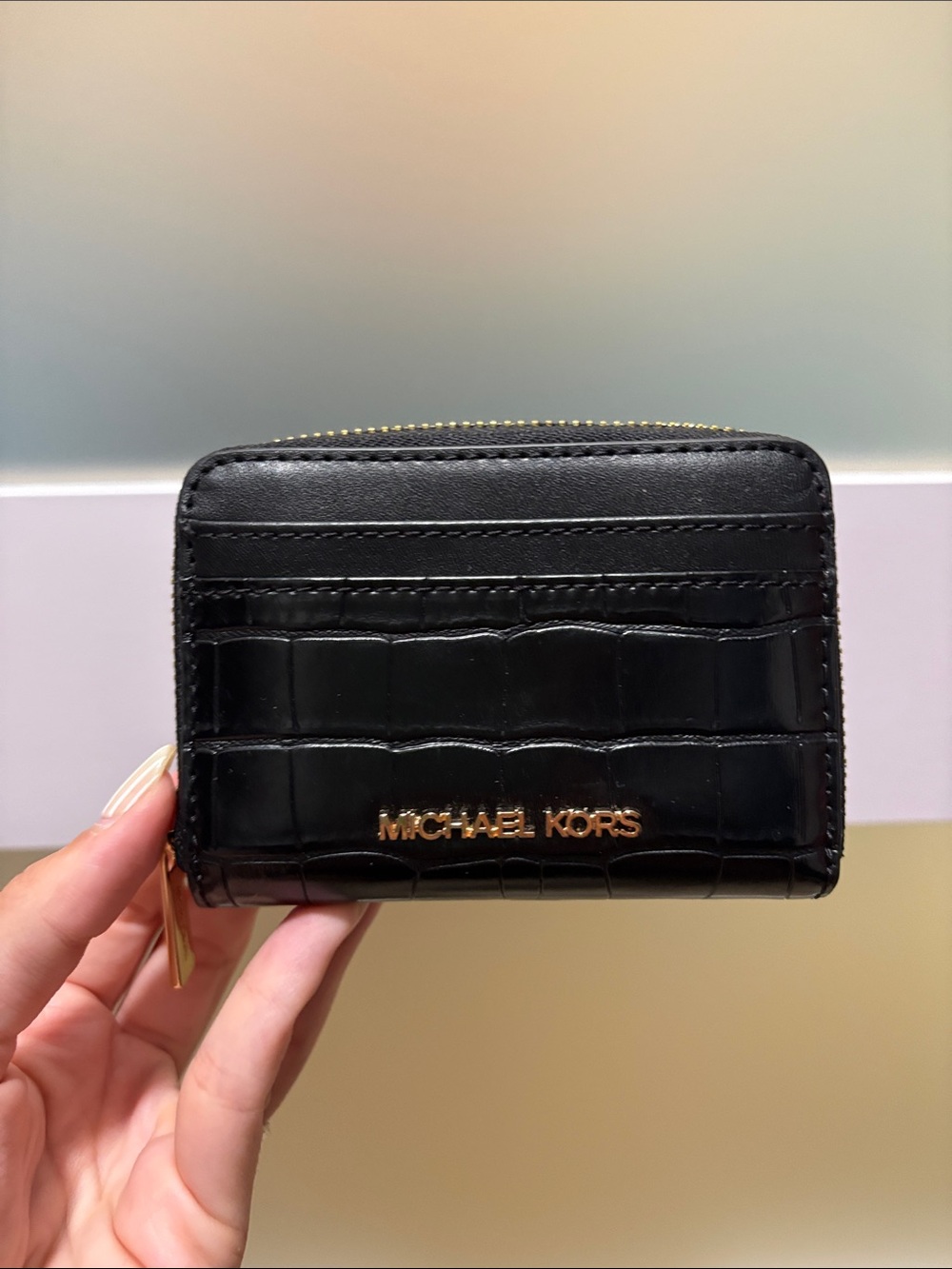 Michael Kors Black Croc-Embossed Card Zip Wallet with Gold Logo